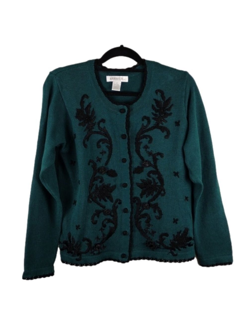 Arriviste Dark Green Embroidered Long Sleeve Button Front Cardigan Sweater